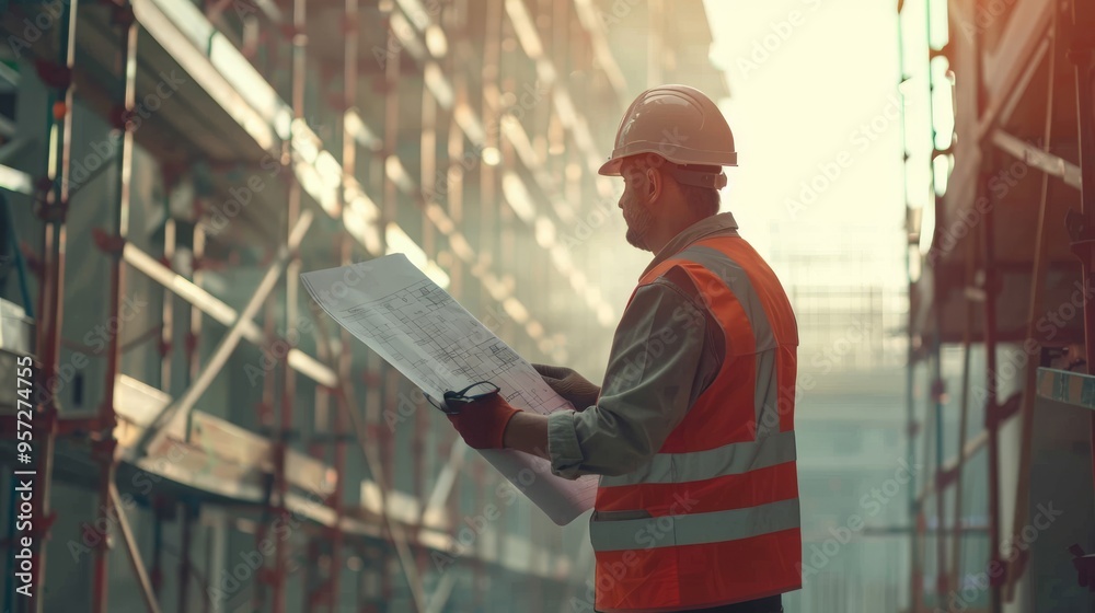 A construction worker working on a scaffold, with a city skyline in the background A construction worker working on a scaffold, with a city skyline in the background
