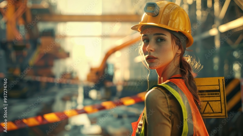 A construction worker holding a safety sign on a construction site A construction worker holding a safety sign on a construction site