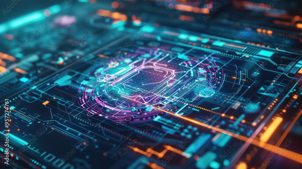 Futuristic circuit board design with vibrant neon colors and intricate patterns, symbolizing advanced technology and digital innovation. Futuristic circuit board design with vibrant neon colors and intricate patterns, symbolizing advanced technology and digital innovation.