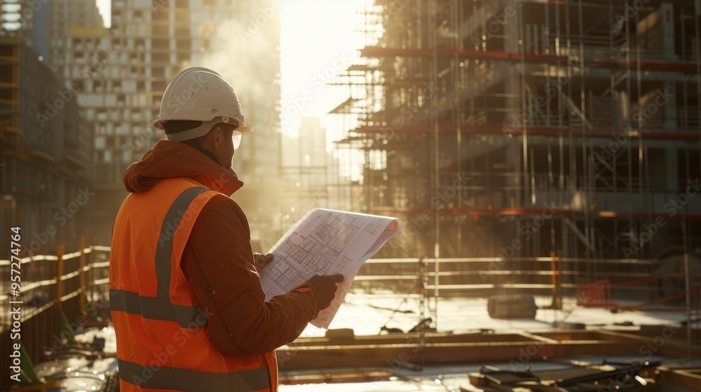 A construction worker working on a scaffold, with a city skyline in the background A construction worker working on a scaffold, with a city skyline in the background
