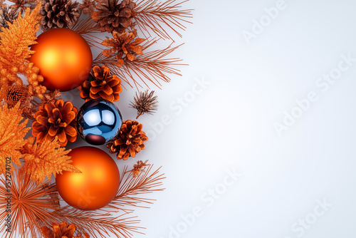 A white background with orange and blue Christmas decorations. The decorations include orange and blue balls and pine cones