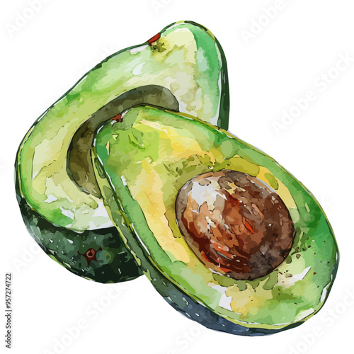 Watercolor of avocado fruit, isolated on a white background, and avocado fruit vector