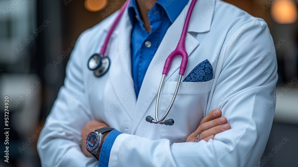 A medical professional in a white coat with a stethoscope proudly stands with arms crossed, showcasing dedication to healthcare A medical professional in a white coat with a stethoscope proudly stands with arms crossed, showcasing dedication to healthcare