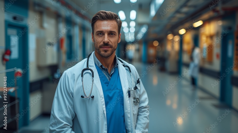 Confident doctor in scrubs stands in a modern hospital corridor preparing for patient care during daytime hours Confident doctor in scrubs stands in a modern hospital corridor preparing for patient care during daytime hours