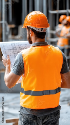 A construction worker in an orange safety vest and hard hat inspects blueprints at a building site. photo