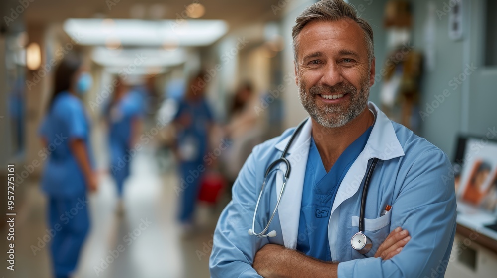 Smiling male doctor in scrubs standing confidently in a busy hospital corridor during daytime Smiling male doctor in scrubs standing confidently in a busy hospital corridor during daytime