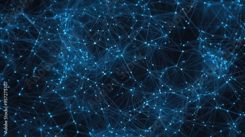An immersive digital network showcases glowing connections and particles against a dark blue backdrop, ideal for technology or science-related projects and presentations