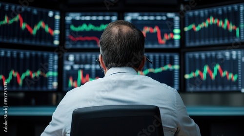 A focused trader analyzes market trends on multiple screens filled with colorful financial graphs and data.