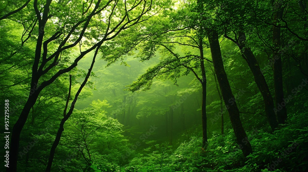 Obraz premium Gentle breeze rustling the leaves of a forest, mild weather, peaceful nature scene