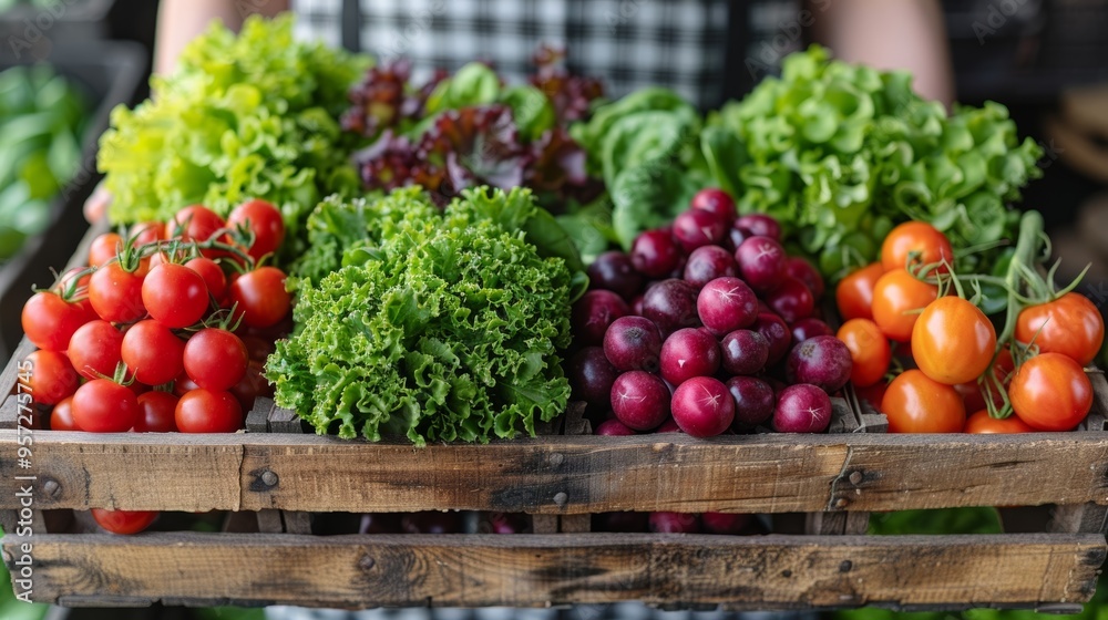 Freshly harvested vegetables in a wooden basket at a local market in spring featuring greens, tomatoes, and plums Freshly harvested vegetables in a wooden basket at a local market in spring featuring greens, tomatoes, and plums