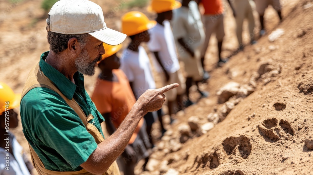 A researcher explains animal tracks to a group of students during an outdoor educational field trip. A researcher explains animal tracks to a group of students during an outdoor educational field trip.