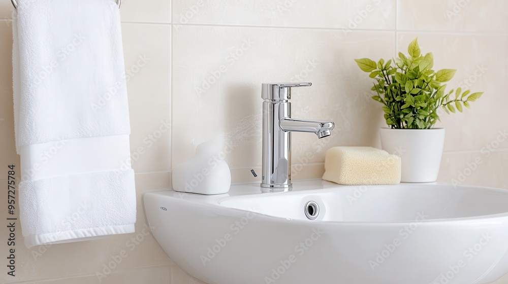 A serene bathroom scene featuring a modern sink, soap, towel, and a potted plant for a fresh, clean atmosphere.