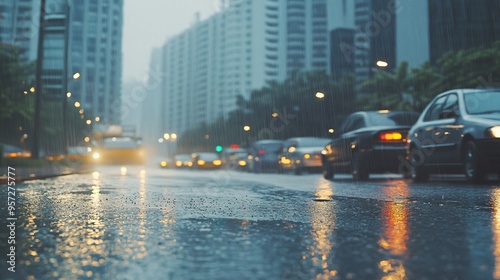 Sudden downpour soaking an urban landscape, wet weather, city in the rain photo