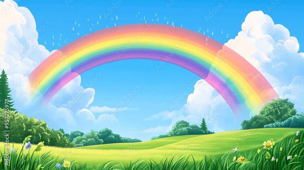 Bright rainbow over a rural landscape after a rainstorm, colorful weather, hope and renewal Bright rainbow over a rural landscape after a rainstorm, colorful weather, hope and renewal