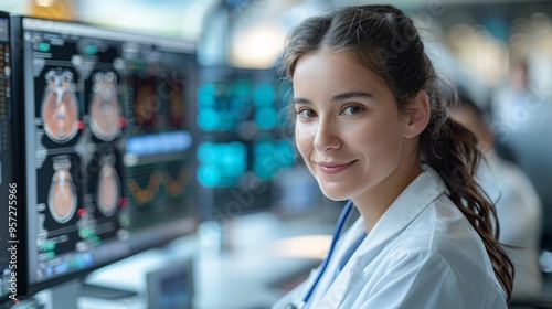 A medical professional analyzes heart scans while working in a modern hospital setting during daylight hours