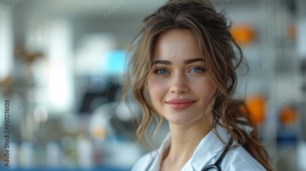 Young female doctor smiling in a modern clinic during daytime while wearing a white coat and stethoscope around her neck Young female doctor smiling in a modern clinic during daytime while wearing a white coat and stethoscope around her neck