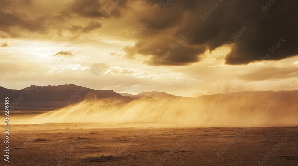 Fototapeta premium Windstorm blowing sand across a desert landscape, harsh weather, intense wind
