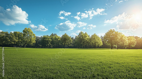 Spring landscape against blue sky meadow green grass trees Generative AI