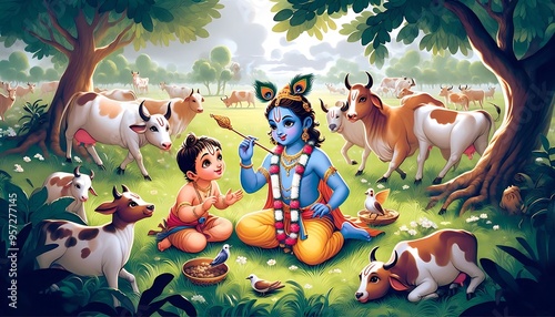 Lord Krishna with playing with little cows photo