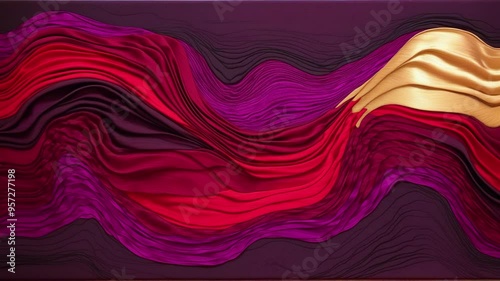 Dark blue abstract background with 3D wave black and red gradient silk fabric, accompanied by ultra realistic photorealistic 3D shapes in ruby red. photo