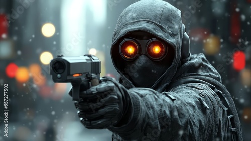 supehero character stands ready with a gun in a snowy urban environment designed for mobile and desktop wallpaper use showcasing a dramatic moment photo