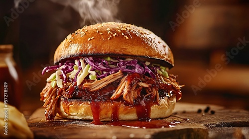 Juicy pulled pork sandwich with coleslaw, dripping barbecue sauce, soft brioche bun, smoky background.