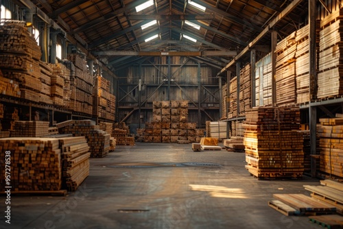 Large scale lumber storage warehouse stocked with wood planks