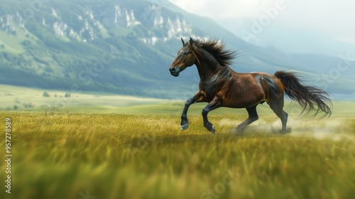 A wild horse running freely through a meadow. Freedom concept