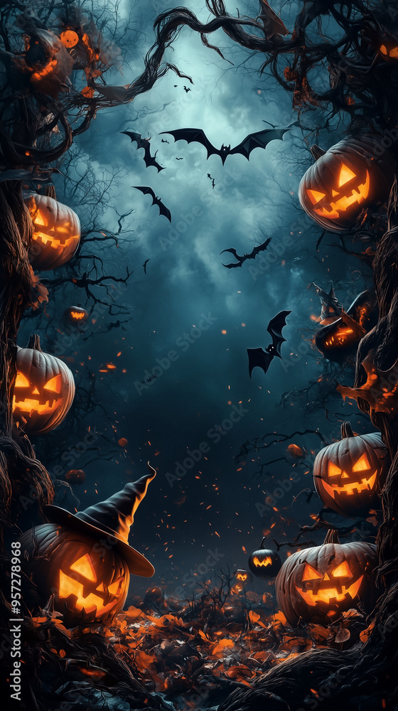 A whimsical and spooky Halloween-themed frame featuring a variety of Halloween elements: pumpkins with glowing faces, witches in pointed hats, and flying bats.For Halloween invitations, posters A whimsical and spooky Halloween-themed frame featuring a variety of Halloween elements: pumpkins with glowing faces, witches in pointed hats, and flying bats.For Halloween invitations, posters