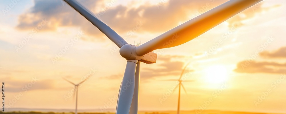 Wind turbine against a beautiful sunset backdrop, symbolizing renewable energy and sustainable technology.