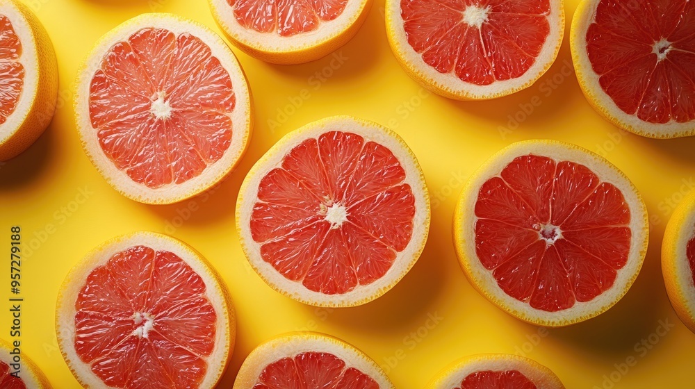 Fresh Sliced Grapefruit Halves on Vibrant Yellow Background Fresh Sliced Grapefruit Halves on Vibrant Yellow Background