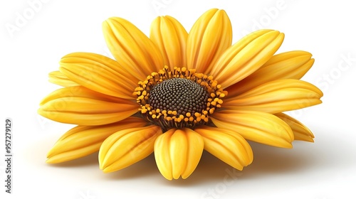 A single yellow daisy flower with a dark brown center, isolated on a white background.