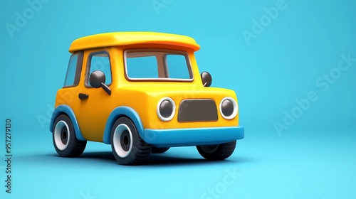 A playful yellow toy car against a vibrant blue background, perfect for children's themes and playful design projects.