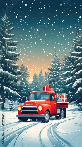 Vintage Red Truck Delivering Christmas Gifts in a Snowy Forest Landscape