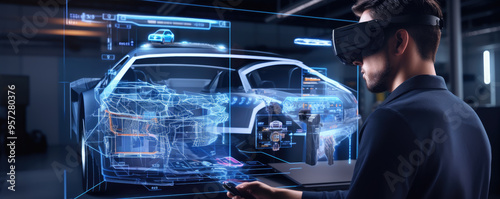 Automotive Engineer use technology of Virtual Electric Car in 3D Model Design.  3D Car Graphics Visualization alaysis for Developing Vehicle Prototype in automobile factory
