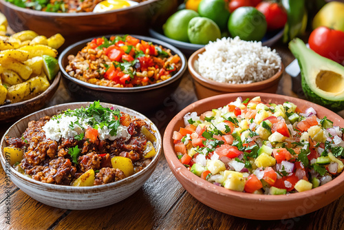 a rustic wooden table laden with traditional Costa Rican dishes, including gallo pinto, casado, and fresh tropical fruits photo