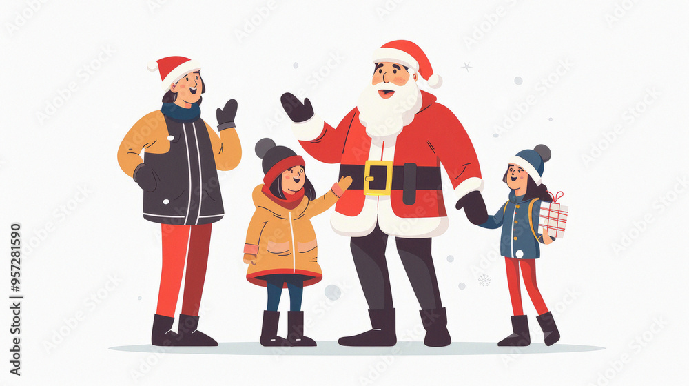Christmas family of four is posing for a picture with Santa Claus. Scene is festive and joyful Christmas family of four is posing for a picture with Santa Claus. Scene is festive and joyful
