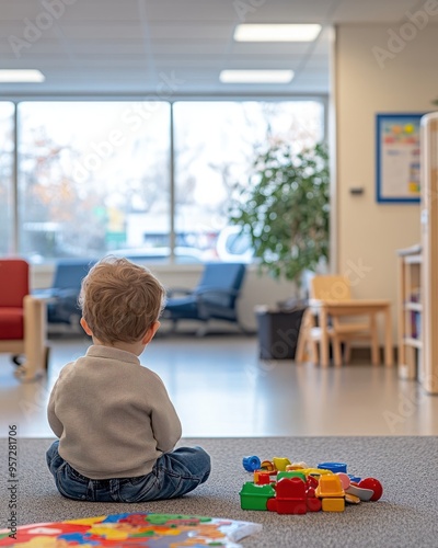 A child playing with toys in a waiting room at a pediatric clinic