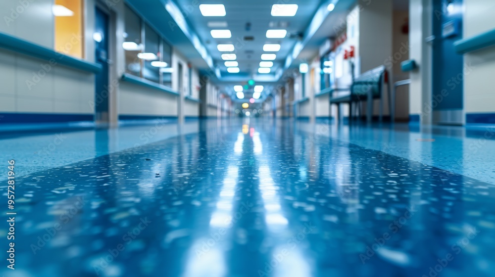 A long, empty hospital corridor with gleaming blue floors and bright overhead lights during the day