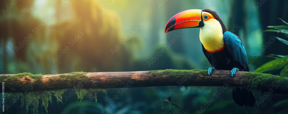 Obraz premium Toco toucan colorful bird (Ramphastos toco). Beautiful toucan bird in natural habitat. wide banner.