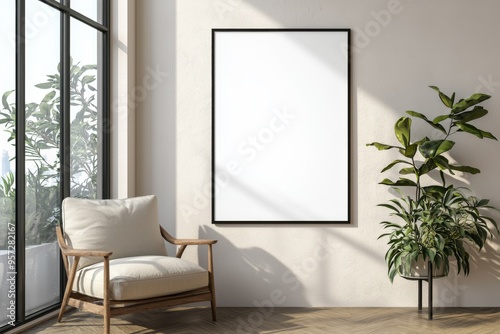 Poster Frame in Beige minimalist living room interior created with generative AI