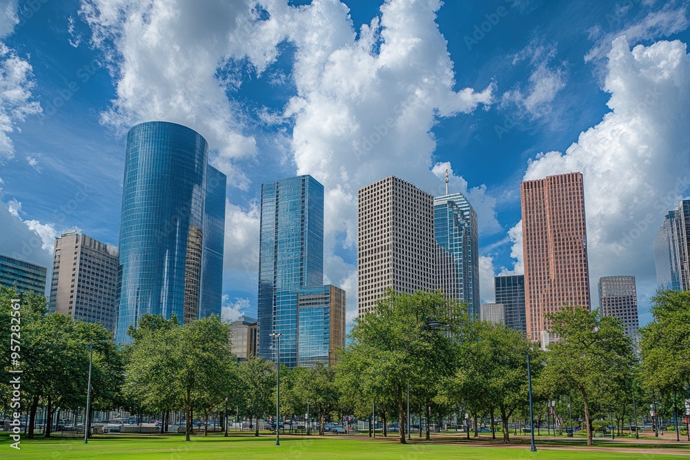 A photo of the skyline in downtown Houston, Texas with modern buildings and skyscrapers A photo of the skyline in downtown Houston, Texas with modern buildings and skyscrapers