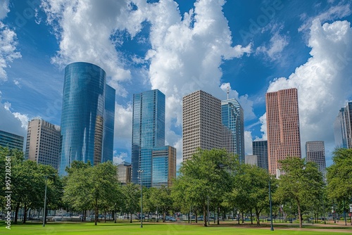 A photo of the skyline in downtown Houston, Texas with modern buildings and skyscrapers