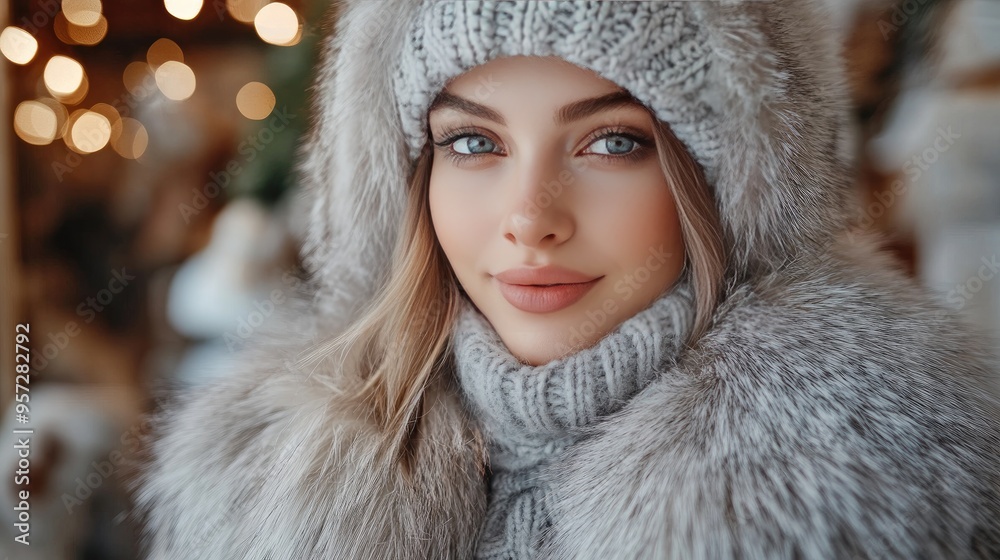 Winter Fashion Portrait of Woman in Fur Coat and Knit Hat with Bokeh Lights Background Winter Fashion Portrait of Woman in Fur Coat and Knit Hat with Bokeh Lights Background