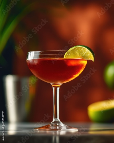 A close-up of a cosmopolitan cocktail with a lime twist