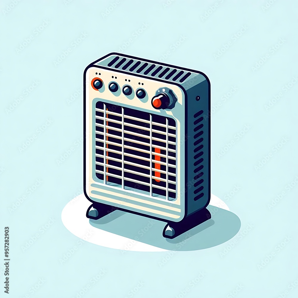 A flat illustration vector image of a portable electric heater with a grille and control knobs, placed on a solid white background. A flat illustration vector image of a portable electric heater with a grille and control knobs, placed on a solid white background.