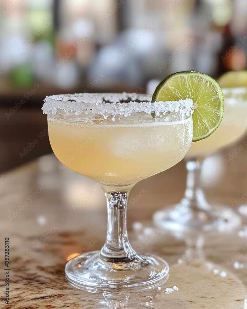 A close-up of a margarita with a salted rim and a lime wedge A close-up of a margarita with a salted rim and a lime wedge