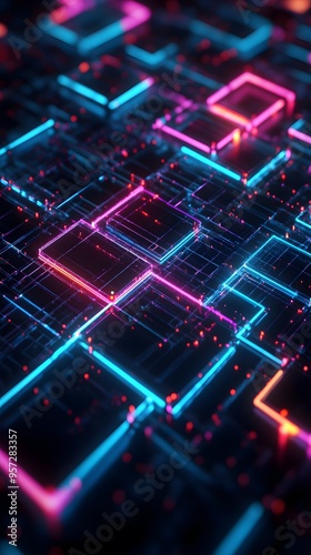 Wallpaper Mural A dark background with colorful, glowing lines forming the outline of rectangular blocks, creating an abstract and futuristic design Torontodigital.ca