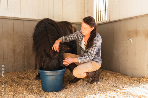 Farmer Woman Feeding Pony in Inside photo