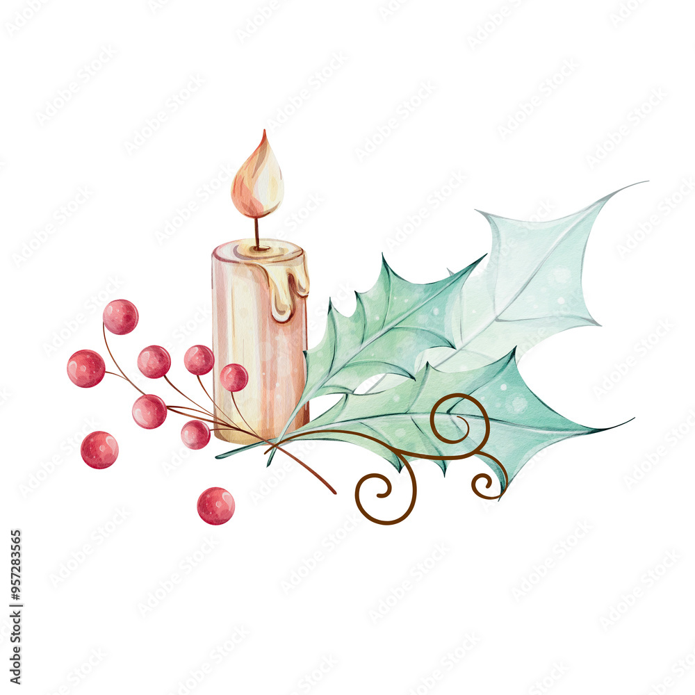 Watercolor christmas candle with fir with holly green leaves and red ...
